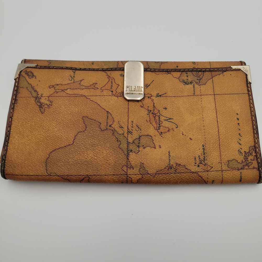 Alviero Martini 1a Classe Geo Map Print Leather Long Wallet Italy 9329 Brown